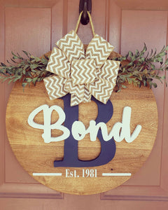 Last Name 18” Front Door Round Sign w/3D Lettering